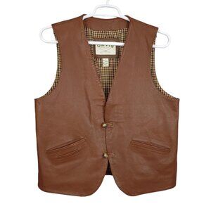 ORVIS Men's Leather Vest Size L Brown 2-Button Pockets Plaid Lining V-Neck